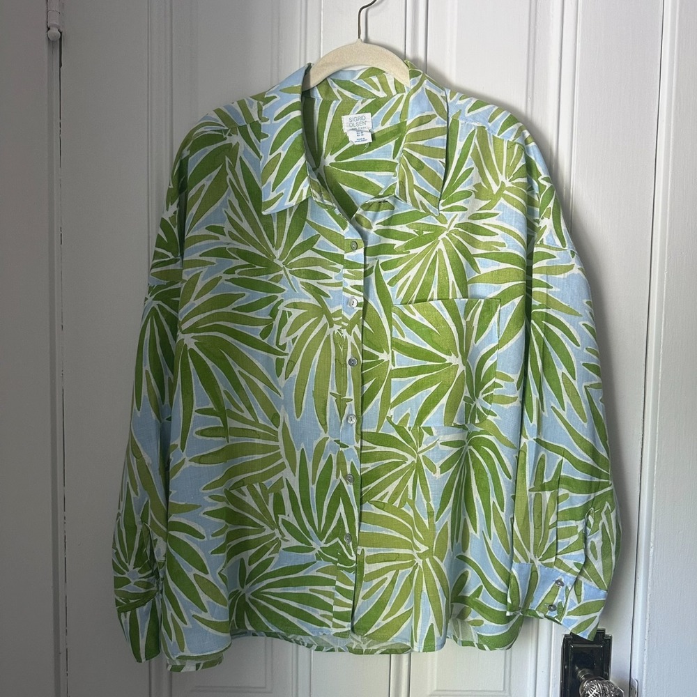 Sigrid Olsen 100% Linen Tropical Print Button Shirt Blue Green Women's 1X